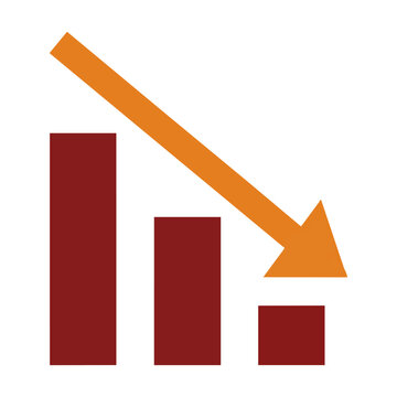 Financial decline icon with descending bar chart columns and a bold downward arrow isolated on a white background, financial loss concept