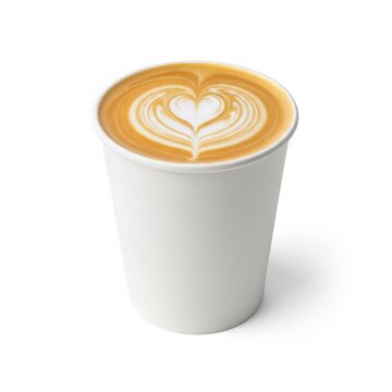 Beautiful latte art heart design adorning a hot coffee beverage in a white disposable paper cup isolated