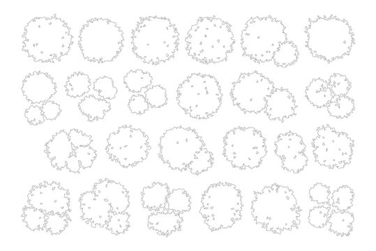 Minimalist tree top view icons, architectural landscape plan symbols, black and white outline vector set for garden design and site mapping