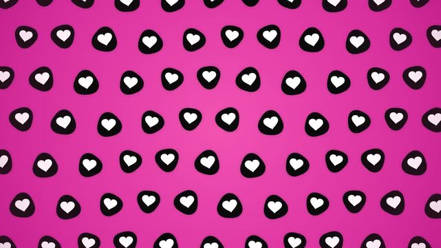 Heart shapes inside black circles scroll diagonally on pink background loop