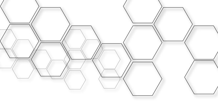 Futuristic Cybernetic Grid Background Consisting of Connected Hexagonal Polygon Structures with Soft Shadows on a Bright White Surface, Representing Molecular Chemistry and Advanced Physics.