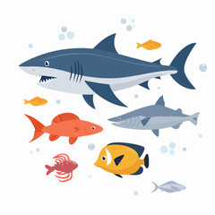Fototapeta premium Diverse group of cartoon fish and shark illustration