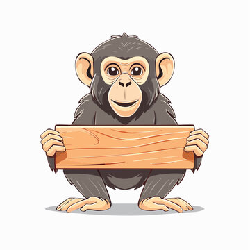 Cartoon Monkey Holding a Blank Wooden Sign
