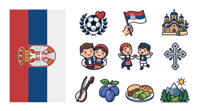 Serbian cultural icons set featuring national flag, chibi folk dancers in traditional costumes, Orthodox church, soccer ball, gusle, plums, local cuisine, and mountain landscape.