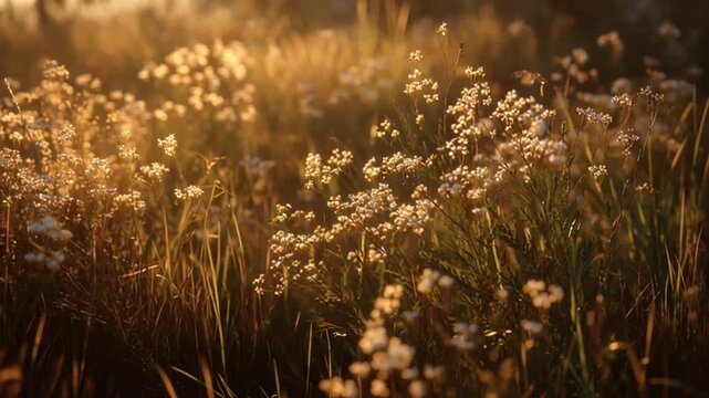 The skeletal timber frame of an A-frame house stands amidst a serene nature landscape filled with wildflowers and tall grass under a warm sunset light.