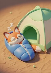 Fototapeta premium Cute 3D Rendered Cartoon Fox Sleeping in a Blue Sleeping Bag Next to a Tent on Sand - Cozy Camping Illustration