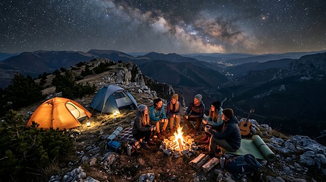 Group of friends sitting by a campfire at night under the milky way galaxy