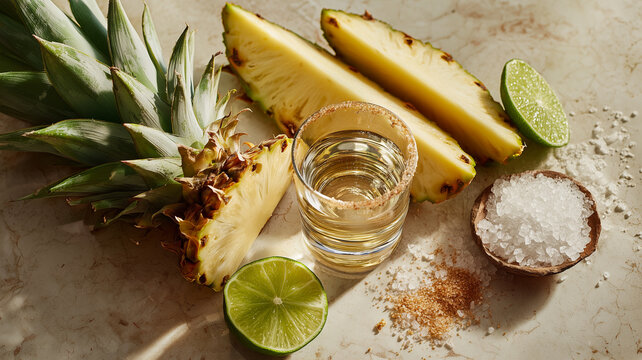 Raicilla with agave pineapple slices, lime and sea salt, minimalist food styling