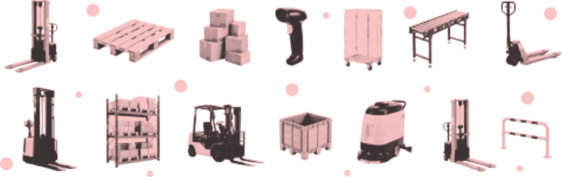 Halftone, pop art, dot, halftone collage elements set, cut out warehouse equipment collection vector illustration