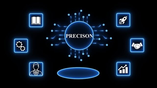 Digital concept of precision with 4k interconnected icons and glowing central circle accuracy exactness.4k motion video..