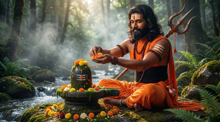 Fototapeta premium Machindranath yogi digital painting performing Shiva Linga worship beside a forest stream with trishul, flower offerings, and peaceful spiritual atmosphere.