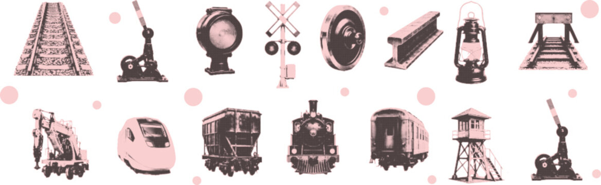 Halftone, pop art, dot, halftone collage elements set, cut out railway transport object collection vector illustration