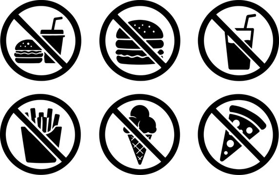No eating or drinking signs with prohibited symbols on white background