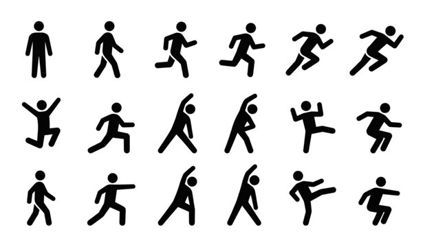 Black human movement pictogram vector set with standing walking running and sprinting figures