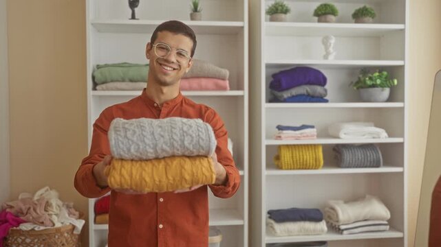 Man holding folded sweaters and smiling inside a clothing building with shelves of knitwear and a laundry basket; cozy comfort cheerful.