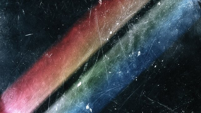 Abstract worn‑textured backdrop with two broad parallel light streaks cutting through dark scratched surface, left streak blending red‑pink‑orange tones, right streak transitioning light green‑light
