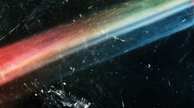 Abstract worn‑textured backdrop with two broad parallel light streaks cutting through dark scratched surface, left streak blending red‑pink‑orange tones, right streak transitioning light green‑light