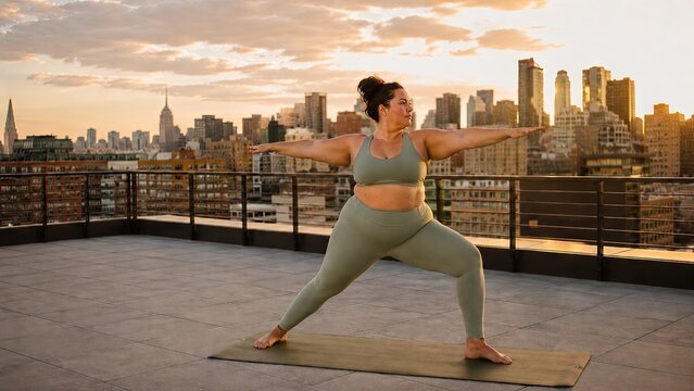 Woman Practicing Yoga on Rooftop at Sunset with City Skyline