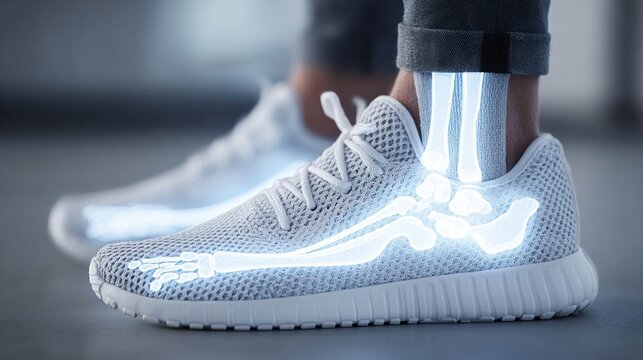 X-ray of foot and ankle bones inside a white athletic shoe