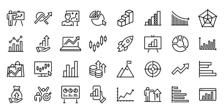 Graph & Charts Line Icon Set, Data Analytics Finance Vector Transparent Background