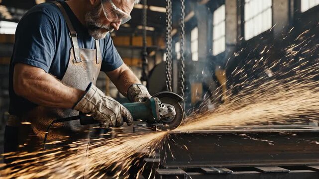 Man sparks metal with grinder