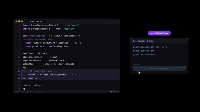 Code editor interface with cursor ai tool. Perfect for technology blogs, programming tutorials, and software development websites. Professional and sleek.