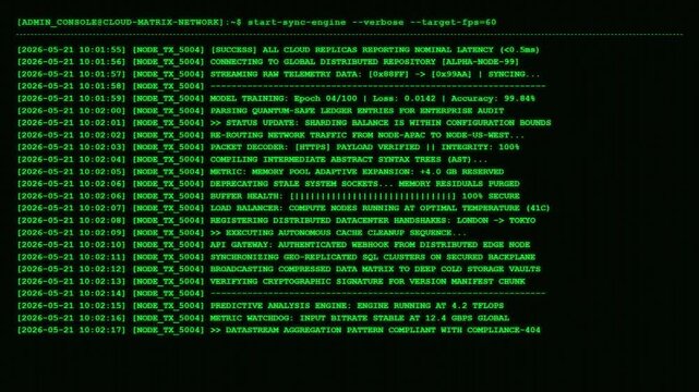 Admin Console Cloud Matrix Network Terminal Showing Active Sync Engine Database Replication Mapping Sequence And Distributed Architecture Stream Logs.