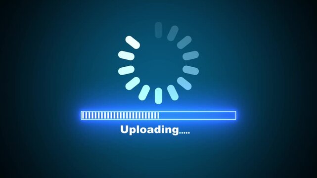 Blue neon uploading progress bar with buffering spinner animation on dark background, futuristic digital interface file transfer indicator 4k video animation.