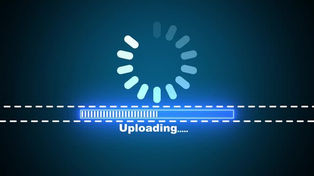 Blue neon uploading progress bar with buffering spinner animation on dark background, futuristic digital interface file transfer indicator 4k video animation.