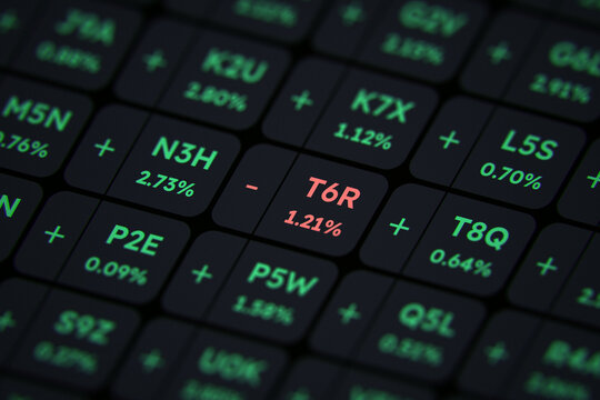 Red losing stock ticker symbol among green winning ones on a digital dashboard. Concept for market volatility, trading risk, and crypto investment.