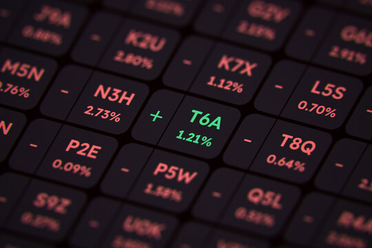 Close-up of a digital stock market trading screen in dark mode. One green profitable ticker stands out among many red losing tickers during a bear market.