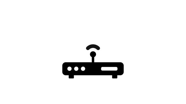 Black color WiFi router icon with glowing wireless signal waves on white background, digital internet modem animation for broadband network connectivity with on 4k video animation.