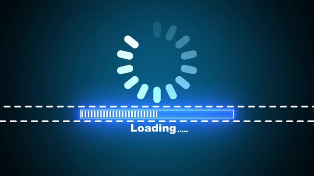 Blue neon loading progress bar with buffering spinner animation on dark background, futuristic digital interface download indicator 4k loop.