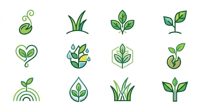 Collection of green plant sprout and leaf icons for nature and growth concepts.