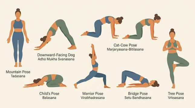 Illustration of Basic Yoga Movements: Mountain Pose (Tadasana), Childs Pose (Balasana), Downward-Facing Dog (Adho Mukha Svanasana), Cat-Cow Pose (Marjaryasana-Bitilasana), Warrior Pose (Virabhadrasan)