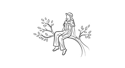 Obraz premium Woman in Overalls Sitting on Tree Branch, Nature, Relaxing, Outdoors