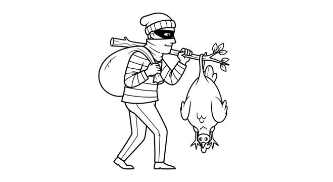 Thief stealing a chicken, carrying it on a stick with a sack over his shoulder.