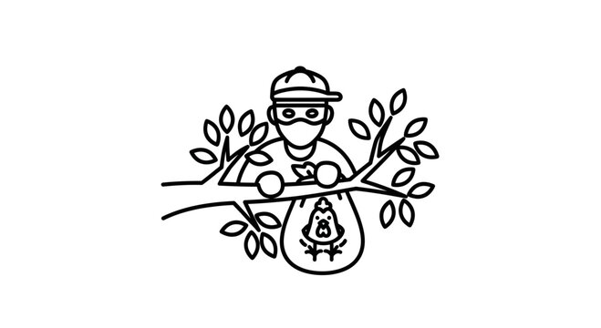 Thief stealing chicken from tree, masked robber with sack, crime concept, vector icon