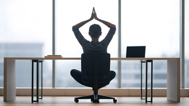 mental health awareness work life balance Person practicing yoga in office corner, wellness at work concept