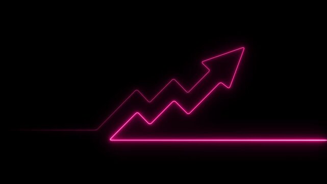 Abstract neon arrow business graph chart icon animation background. Market Recovery Concept. Successful growth trend line graph going Up. Neon Upward Arrow on Line Graph Animation, with 4k video.