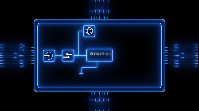 Neon Digital Transformation Network with Interactive Data Routing Interface and Futuristic Automation Circuit System on Black Background 4k visuals