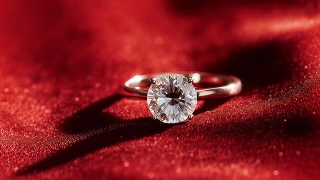 Elegant diamond engagement ring sparkling on luxurious red fabric background. A close-up shot of a brilliant diamond ring resting on a textured red surface with subtle glitter and