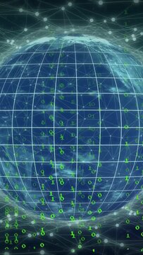 Vertical video: Pulse sparking digital globe rotating as green bits falling and cyan trails mapping