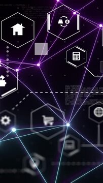 Vertical video: Glowing network growing from code cue, nodes linking and icons pulsing to show flow