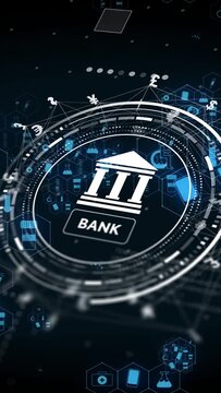 Vertical video: Bank HUD appearing, rotating, pulsing, moving funds along lines showing global flow