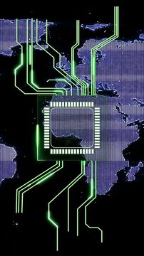 Vertical video: Chip lighting bars, rising loader spreading green traces, networking purple dot map