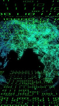 Vertical video: Pan starting wireframe globe rotating and pulsing over binary grid showing data