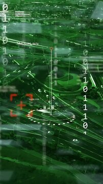 Vertical video: HUD sending vertical guide line, analyzing interchange and locking roundabout