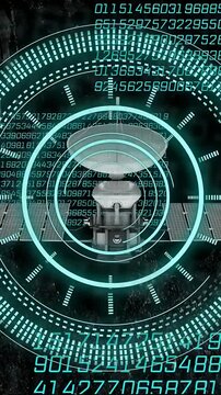 Vertical video: HUD pulsing, rings breathing and digits streaming over satellite for signal lock