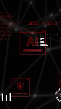 Vertical video: Progress starting red AI window loading gauges moving HACKED showing monitoring